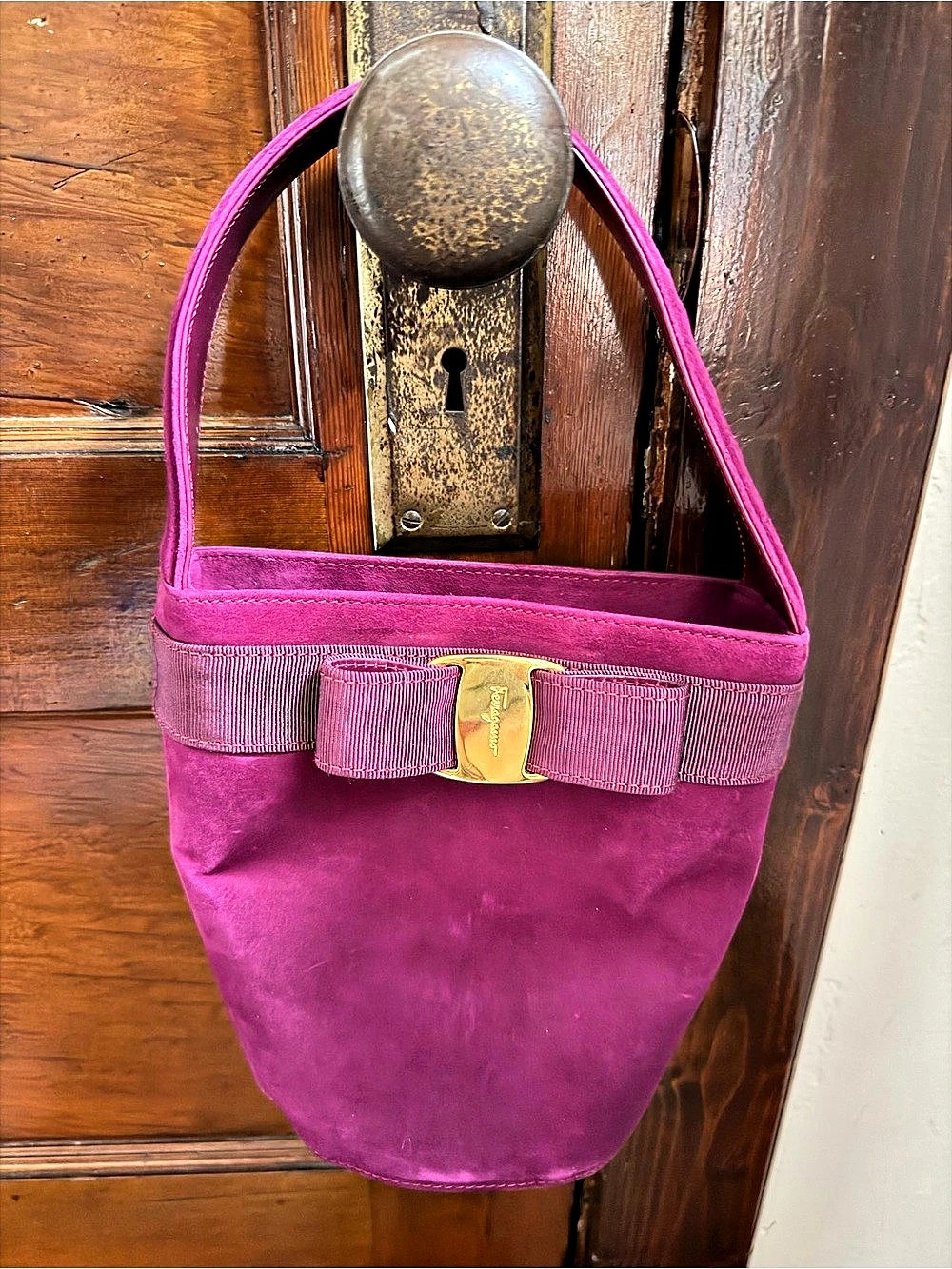 Salvatore Ferragamo Vara Bow Suede Bucket Bag in Purple